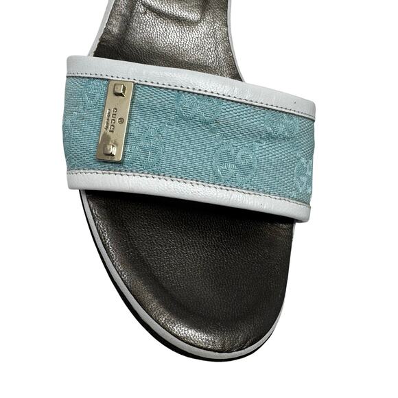 Gucci Monogram Canvas Kitten Heel Slides Blue White Logo Mules Sandals 7.5 - Picture 4 of 9